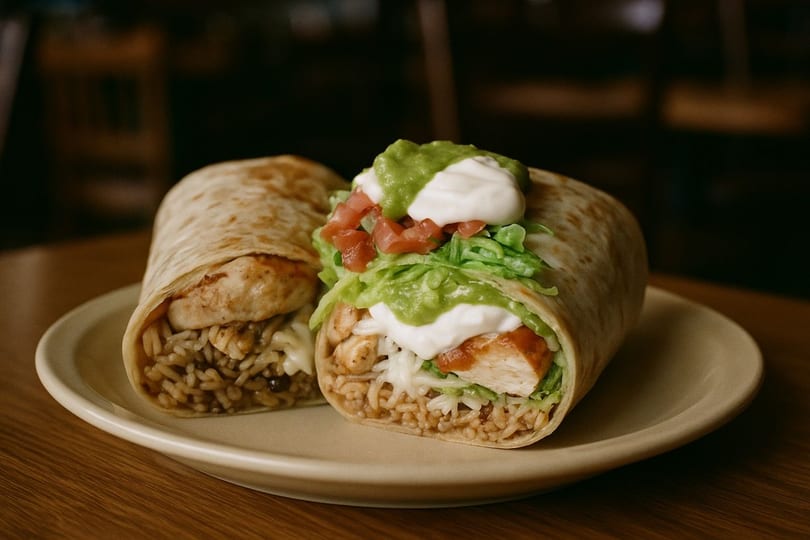 Two chicken burritos with rice, lettuce, sour cream, guacamole, and diced tomatoes on a plate.