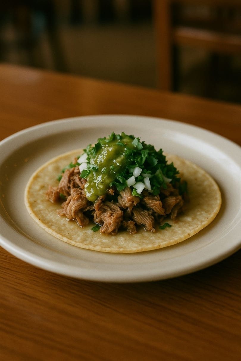 A Wow My Taco carnitas taco with green salsa, cilantro, and diced onions on a white plate.