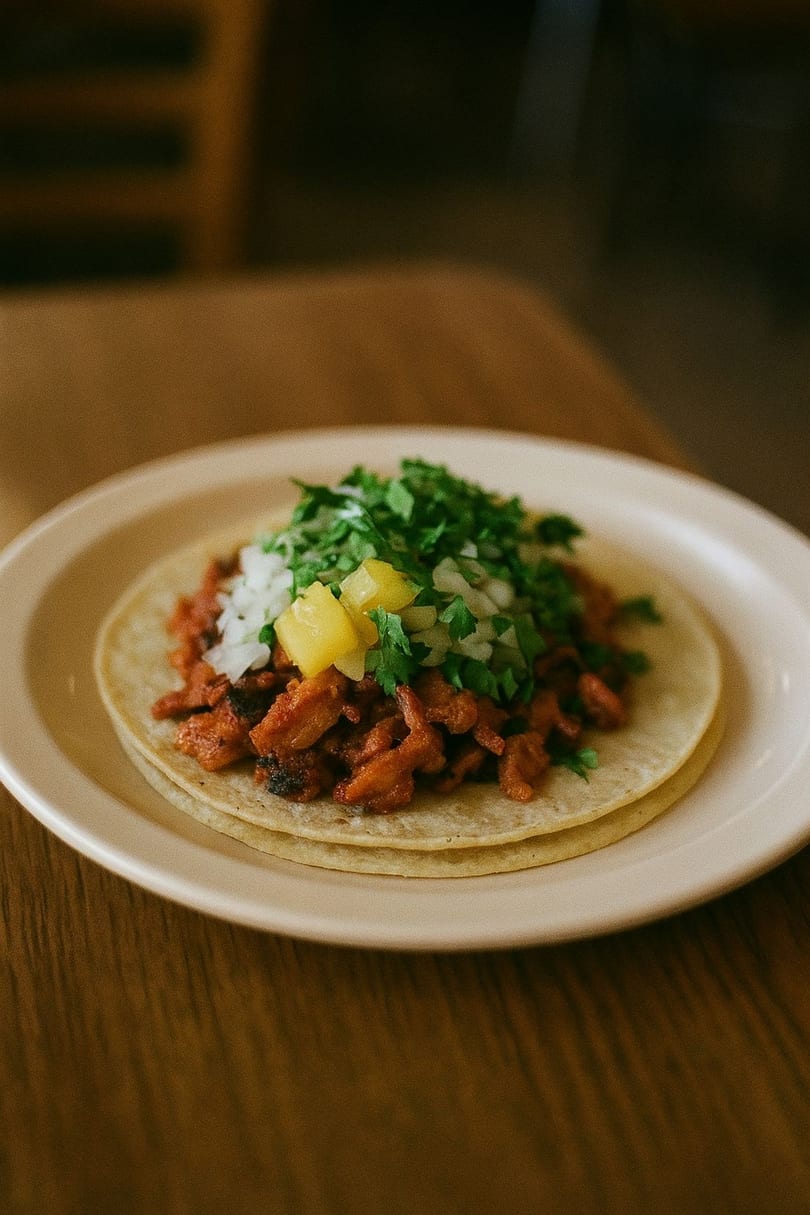 Al pastor taco from Wow My Taco, topped with pineapple, onions, and cilantro.